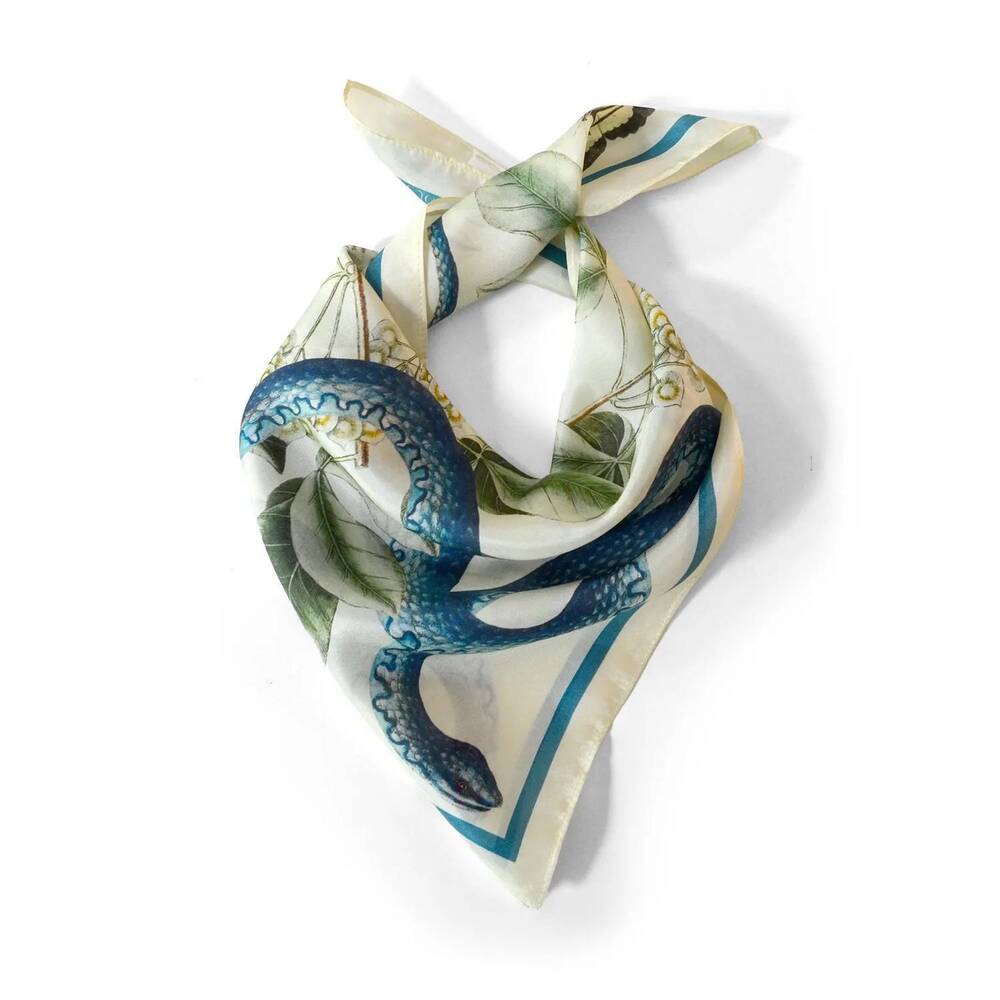NEW CURIOUS PRINTS women's silk bandana scarf in blue snake and butterfly
